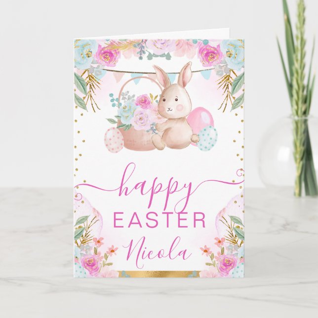 Watercolor Rabbit and Flowers Happy Easter Card (Front)
