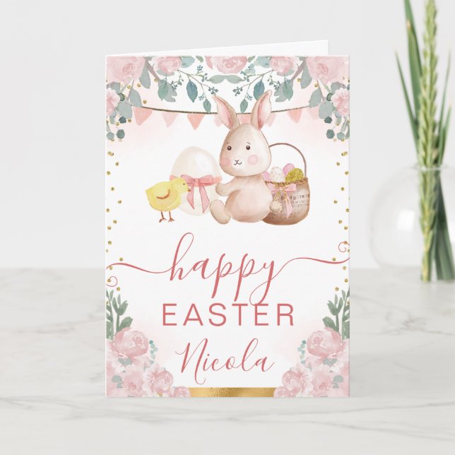 Watercolor Rabbit and Flowers Happy Easter Card (Front)