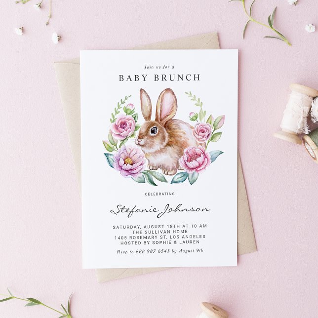 Watercolor Rabbit and Pink Flowers Baby Brunch Invitation Postcard (Customizable baby brunch invitation postcard featuring a watercolor rabbit with pink floral wreath. )