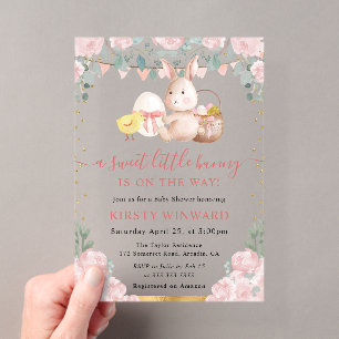 Watercolor Rabbit and Pink Flowers Baby Shower Acrylic Invitations
