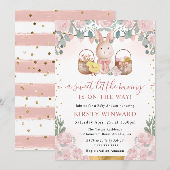 Watercolor Rabbit and Pink Flowers Baby Shower Invitation (Front/Back)