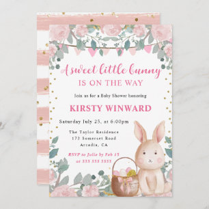 Watercolor Rabbit and Pink Flowers Baby Shower Invitation