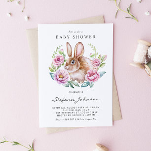 Watercolor Rabbit and Pink Flowers Baby Shower Invitation Postcard