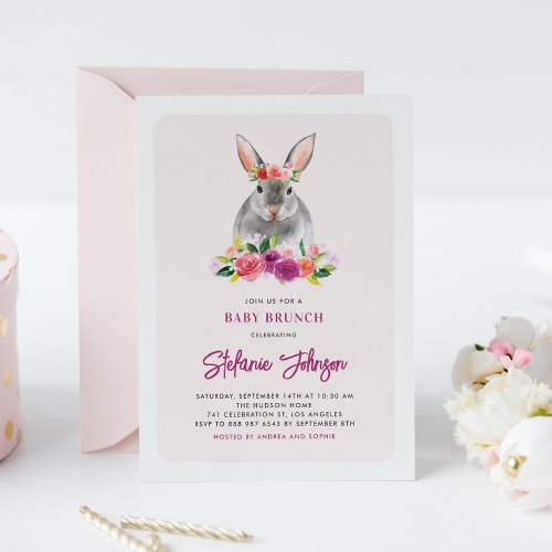 Watercolor Rabbit and Purple Flowers Baby Brunch Invitation