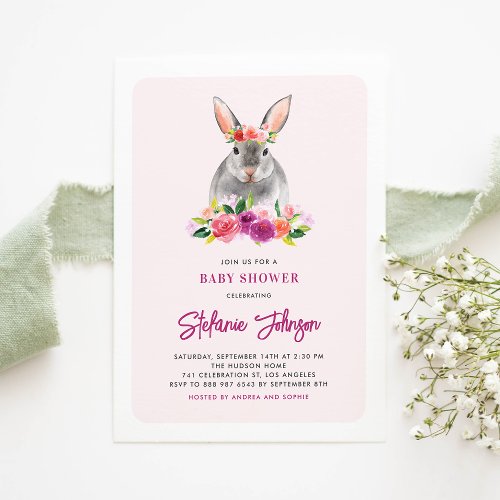Watercolor Rabbit and Purple Flowers Baby Shower Invitation