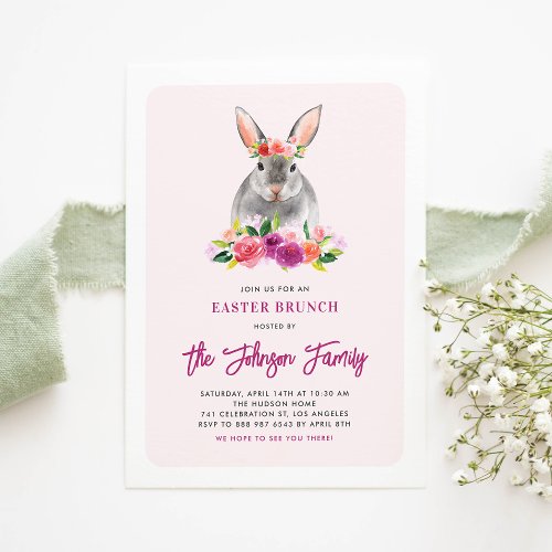 Watercolor Rabbit and Purple Flowers Easter Brunch Invitation