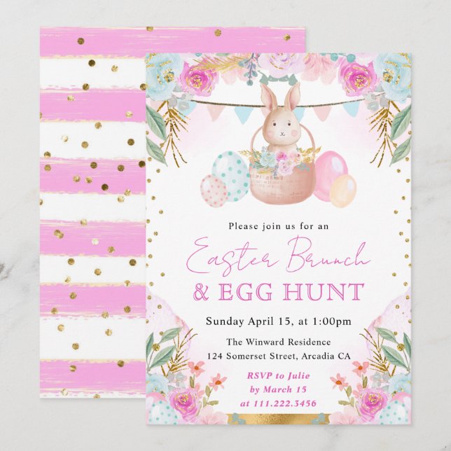 Watercolor Rabbit and Spring Flowers Easter Invitation (Front/Back)