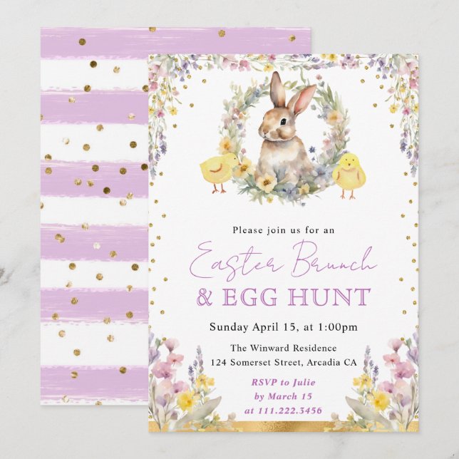 Watercolor Rabbit and Spring Flowers Easter Invitation (Front/Back)