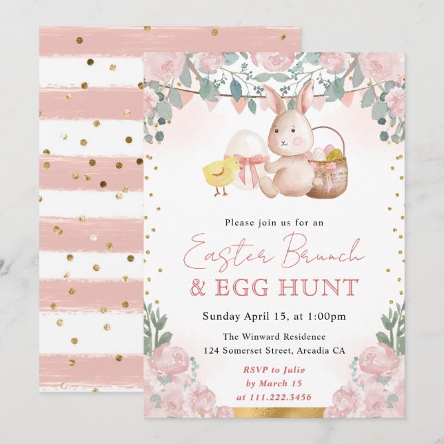 Watercolor Rabbit and Spring Flowers Easter Invitation (Front/Back)