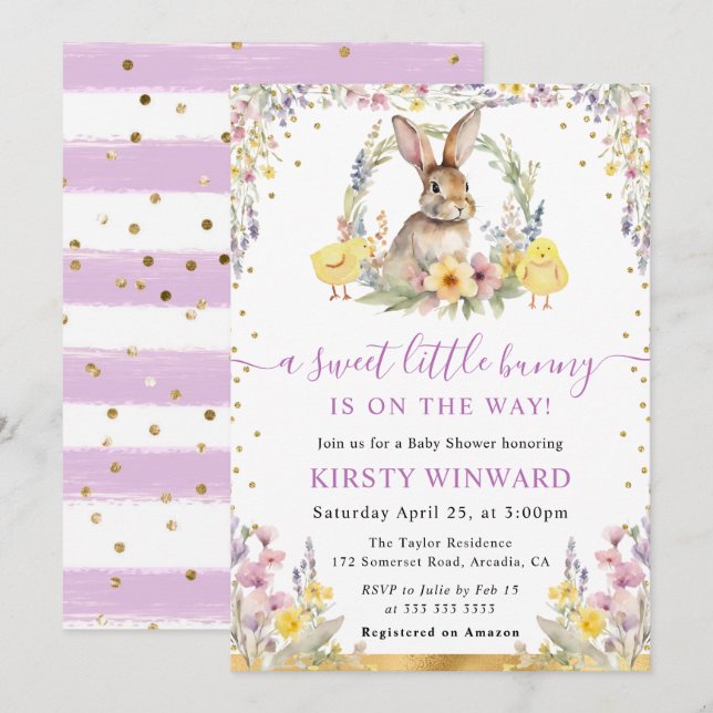 Watercolor Rabbit and Wildflowers Baby Shower Invitation (Front/Back)