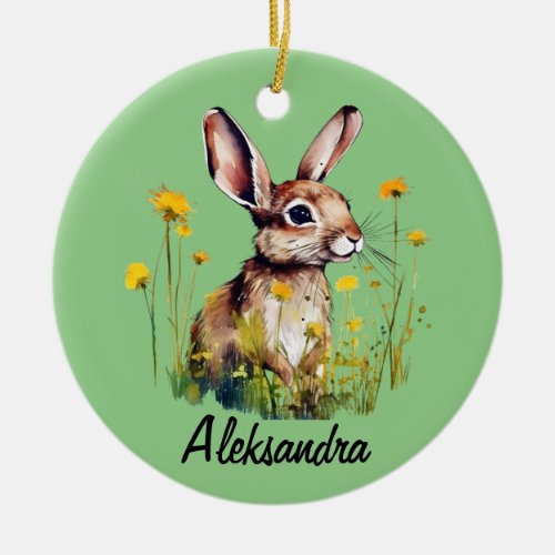 Watercolor Rabbit between Yellow Flowers Ceramic Ornament