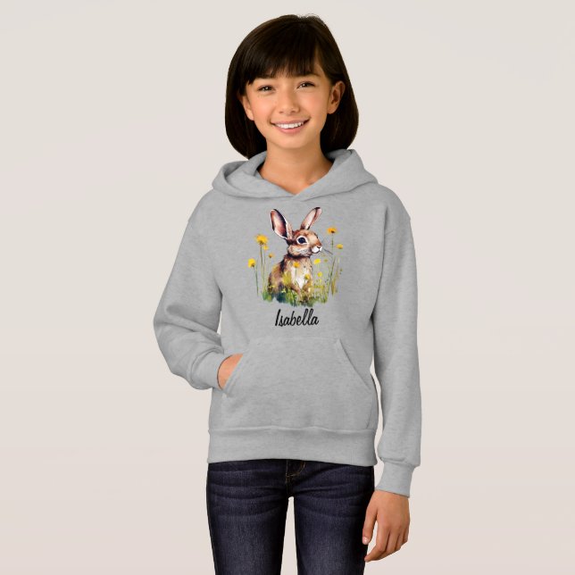 Watercolor Rabbit between Yellow Flowers  Hoodie (Front Full)