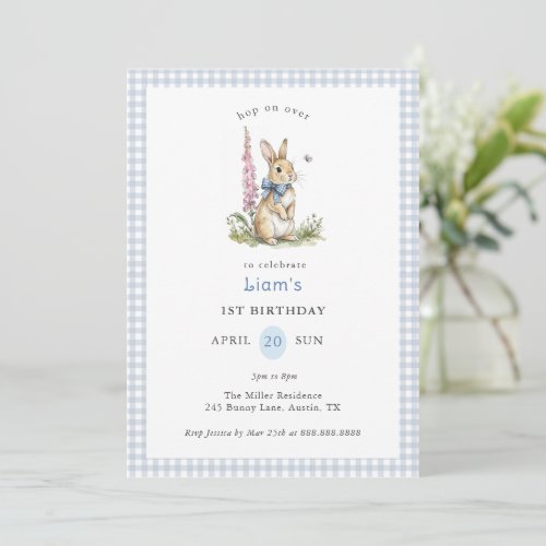Watercolor Rabbit blue Gingham boy 1st Birthday  Invitation
