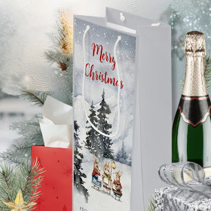 Watercolor Rabbit Carolers Cottagecore Wine Gift Bag