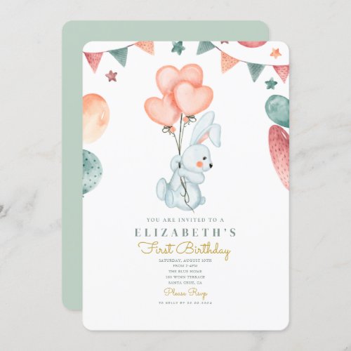 Watercolor Rabbit Cute  Baloons 1st Birthday  Invitation