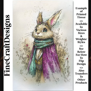 Watercolor Rabbit, Green Scarf, BZ2 Decoupage Tissue Paper