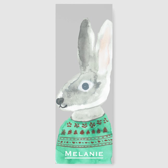 Watercolor Rabbit in Sweater Grey Personalised Bookmarks (Front)