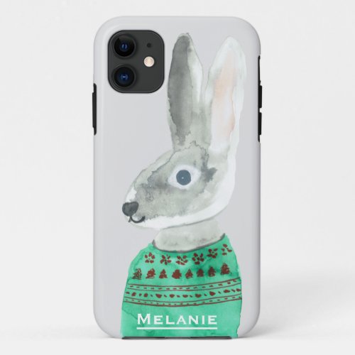 Watercolor Rabbit in Sweater Grey Personalised iPhone 11 Case