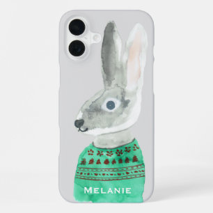 Watercolor Rabbit in Sweater Grey Personalised iPhone 16 Plus Case