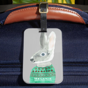 Watercolor Rabbit in Sweater Grey Personalised Luggage Tag