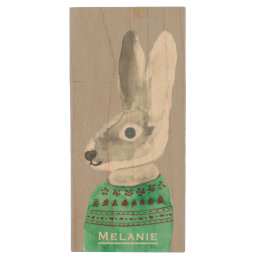 Watercolor Rabbit in Sweater Grey Personalised Wood Flash Drive
