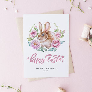 Watercolor Rabbit Pink Floral Wreath Happy Easter Holiday Postcard