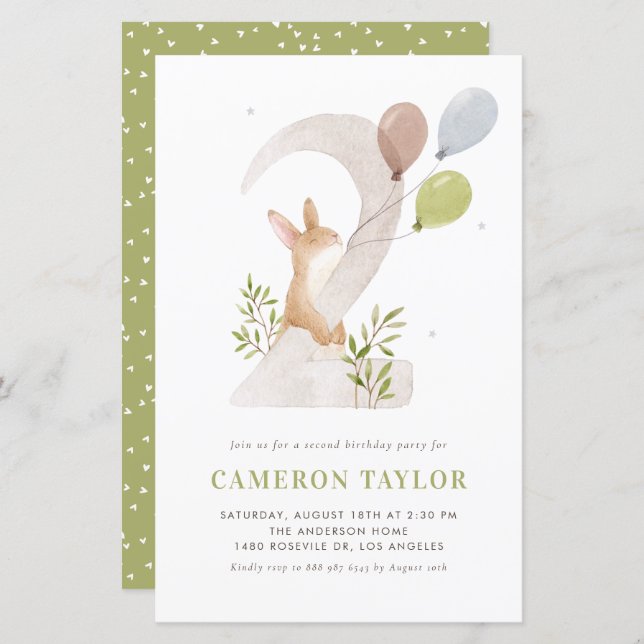 Watercolor Rabbit Second Birthday Invitatation (Front/Back)