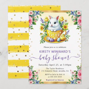 Watercolor Rabbit Spring Flowers Baby Shower Invitation