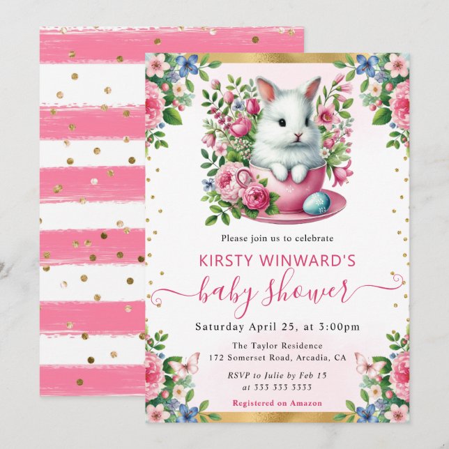 Watercolor Rabbit Spring Flowers Baby Shower Invitation (Front/Back)