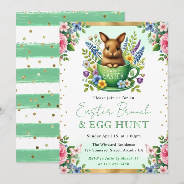 Watercolor Rabbit Spring Flowers Easter Brunch Invitation (Front/Back)