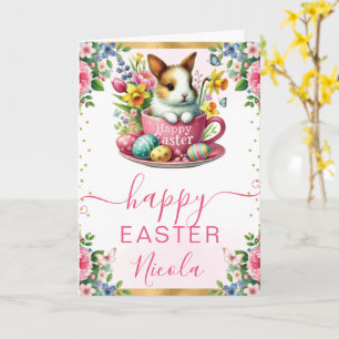 Watercolor Rabbit Spring Flowers Happy Easter Card