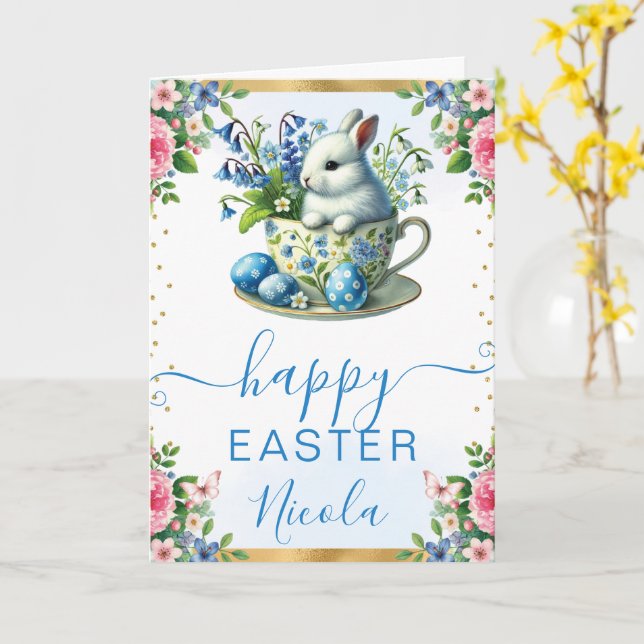 Watercolor Rabbit Spring Flowers Happy Easter Card (Yellow Flower)