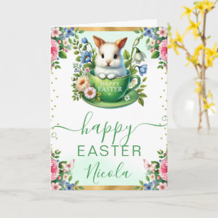 Watercolor Rabbit Spring Flowers Happy Easter Card