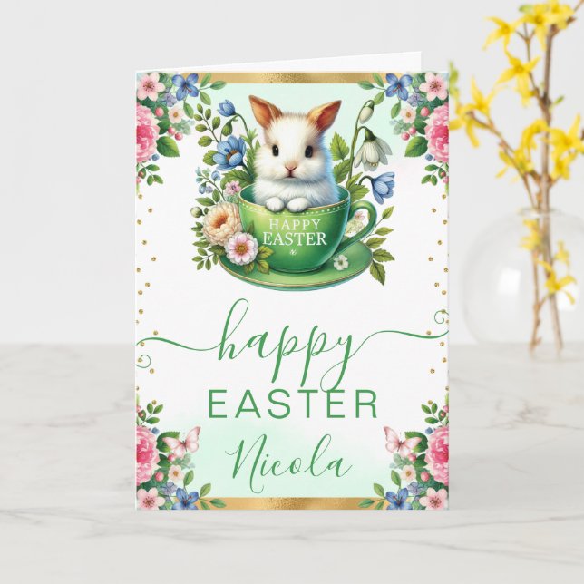 Watercolor Rabbit Spring Flowers Happy Easter Card (Yellow Flower)