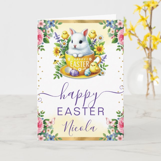 Watercolor Rabbit Spring Flowers Happy Easter Card (Yellow Flower)