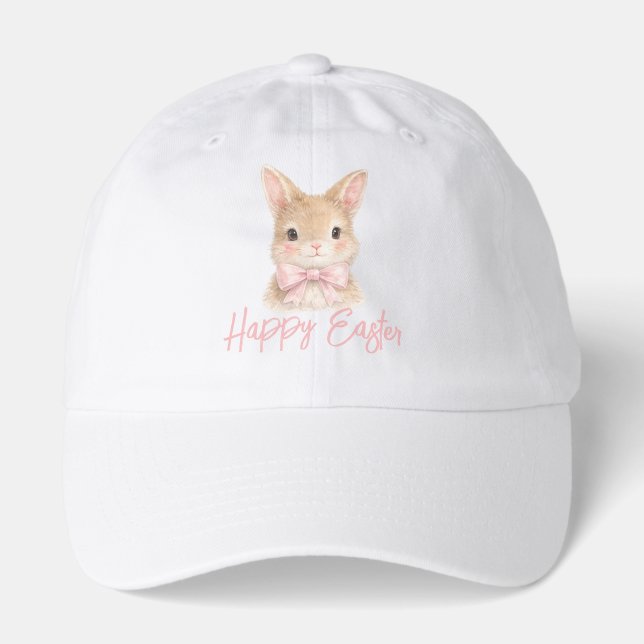 Watercolor Rabbit with Pink Bow| Cute Easter Bunny Hat (Front)