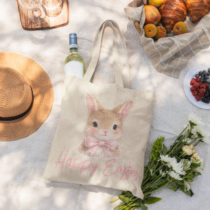 Watercolor Rabbit with Pink Bow Cute Easter Bunny Tote Bag