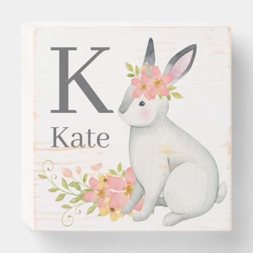 Watercolor Rabbit with Pink Flowers Signature  Wooden Box Sign