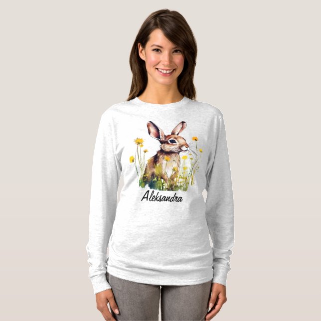 Watercolor Rabbit Yellow Flower Long Sleeve TShirt (Front Full)