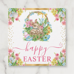 Watercolor Rabbits and Eggs Basket Floral Easter Favor Tags