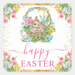 Watercolor Rabbits and Eggs Basket Floral Easter Square Sticker