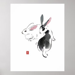 Watercolor Rabbits Contains hieroglyph wealth Poster | Zazzle