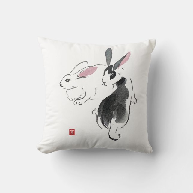 Watercolor Rabbits Contains hieroglyph wealth  Throw Pillow (Front)