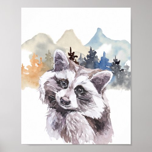 Watercolor Raccoon Forest Nursery Child Woodland Poster