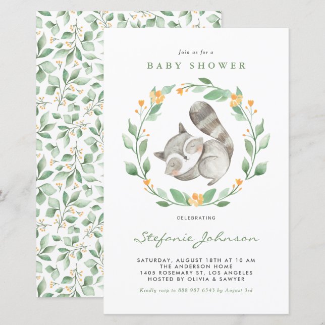 Watercolor Raccoon Greenery Baby Shower Invitation (Front/Back)