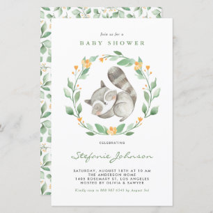Watercolor Raccoon Greenery Baby Shower Invitation