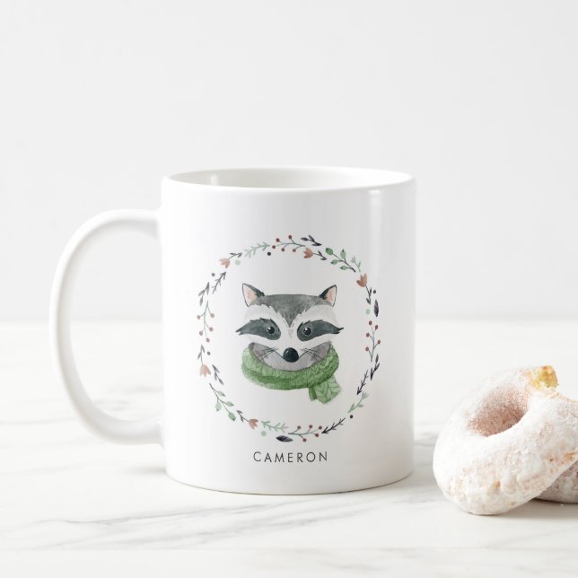 Watercolor Raccoon with Scarf  Winter Wreath Coffee Mug (With Donut)
