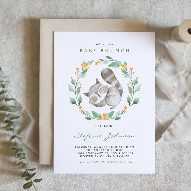 Watercolor Raccoon Wreath Greenery Baby Brunch Invitation (Creator Uploaded)