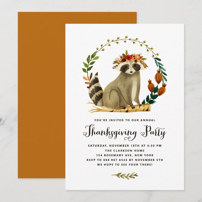 Watercolor Raccoon Wreath Thanksgiving Party Invitation (Front/Back)