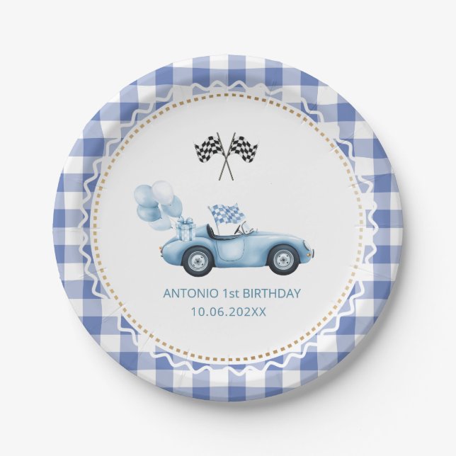  Watercolor  Race car 1st birthday Paper Plates (Front)